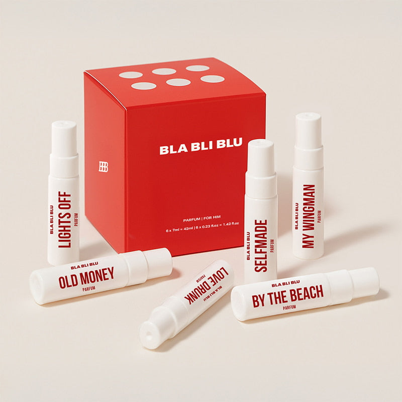 Set of BLA BLU perfume bottles with a red box on a beige background