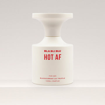 White perfume bottle with red text on a light gray background