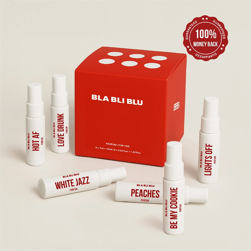 BLA BLI BLU perfume bottles and packaging on a beige background with a money-back guarantee badge.