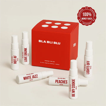 BLA BLI BLU perfume bottles and packaging on a beige background with a money-back guarantee badge.