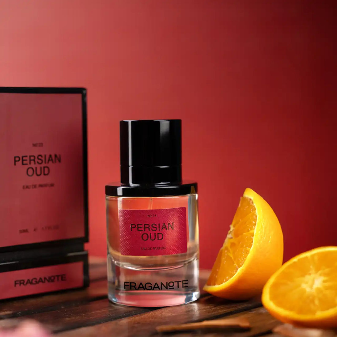 Fraganote Persian Oud Eau de Parfum 50ml luxury fragrance bottle inspired by rich Middle Eastern oud notes, warm woody scent profile, premium glass design