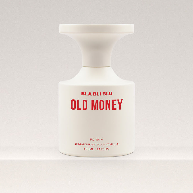 White perfume bottle labeled 'BLA BLI BLU Old Money Perfume' on a light gray background
