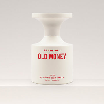 White perfume bottle labeled 'BLA BLI BLU Old Money Perfume' on a light gray background