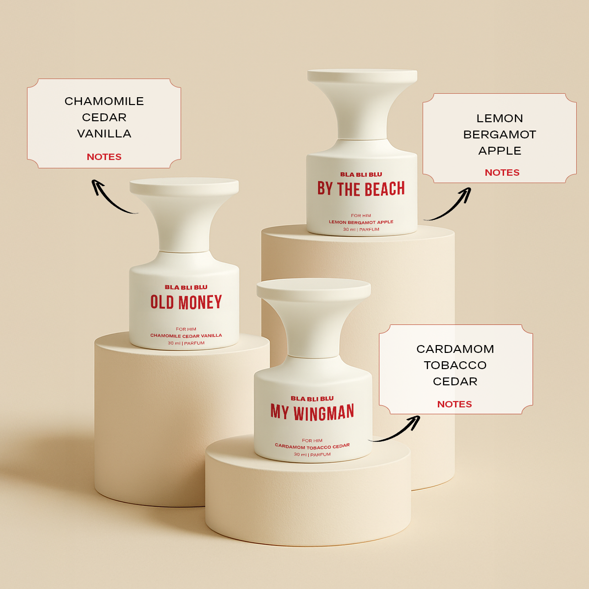 Set of white candles with red text on a beige background