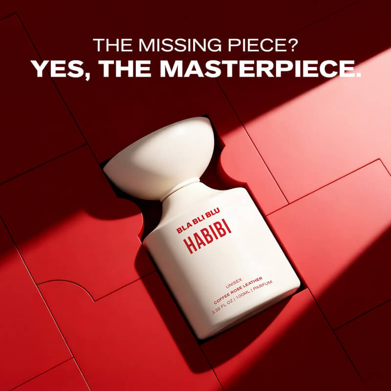 Perfume bottle labeled 'By the Beach' on a red tiled floor with promotional text.