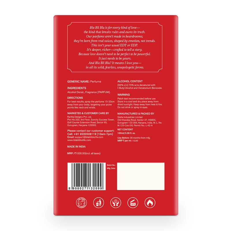 Back of a red perfume packaging with text and barcode on a white background
