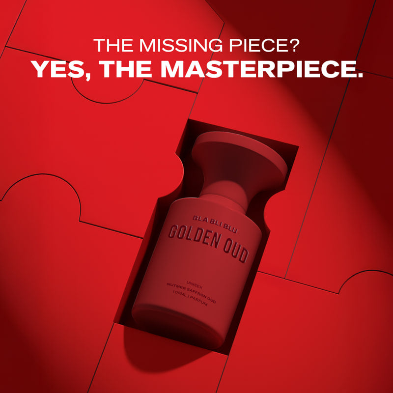 Red perfume bottle in a puzzle piece with text 'The Missing Piece? Yes, The Masterpiece.'