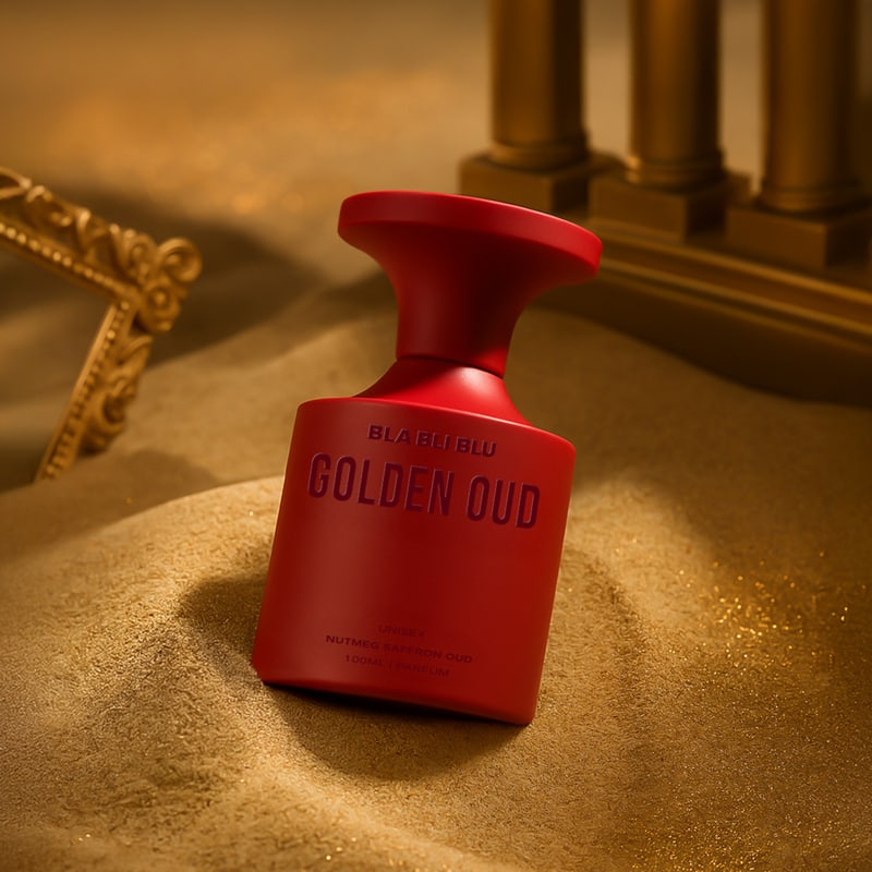 Red perfume bottle labeled 'Golden Oud Perfume' on a white background