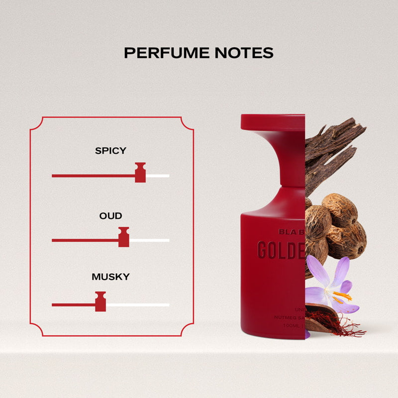 Red perfume bottle with spice notes on a light gray background