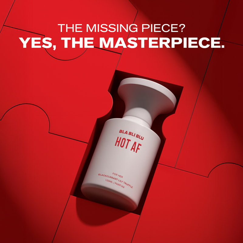 Bottle labeled 'HOT AF' on a red background with text 'THE MISSING PIECE? YES, THE MASTERPIECE.'