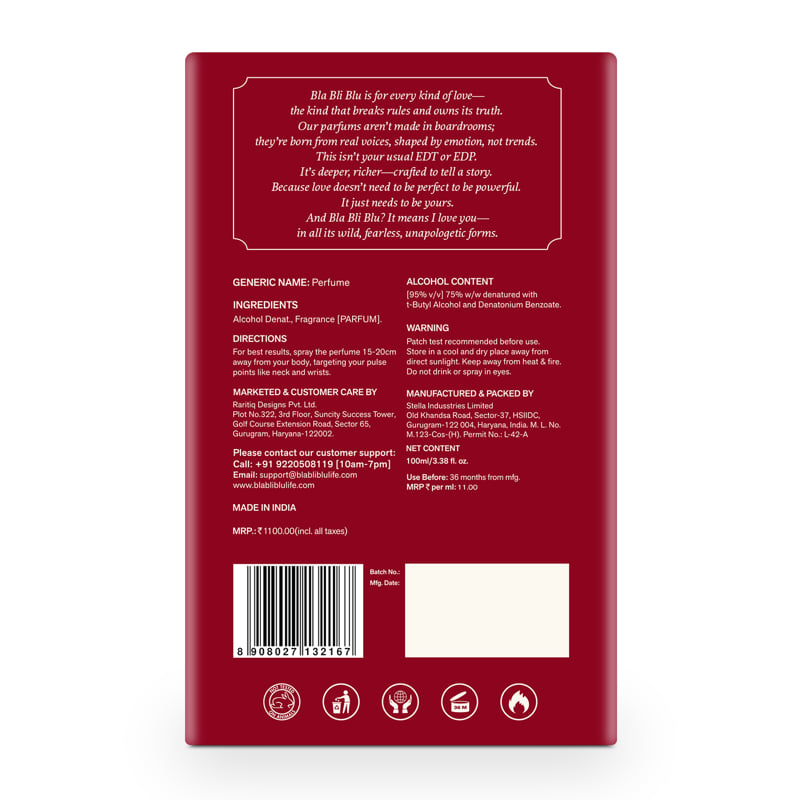 Back of a red perfume bottle packaging with text and product details.