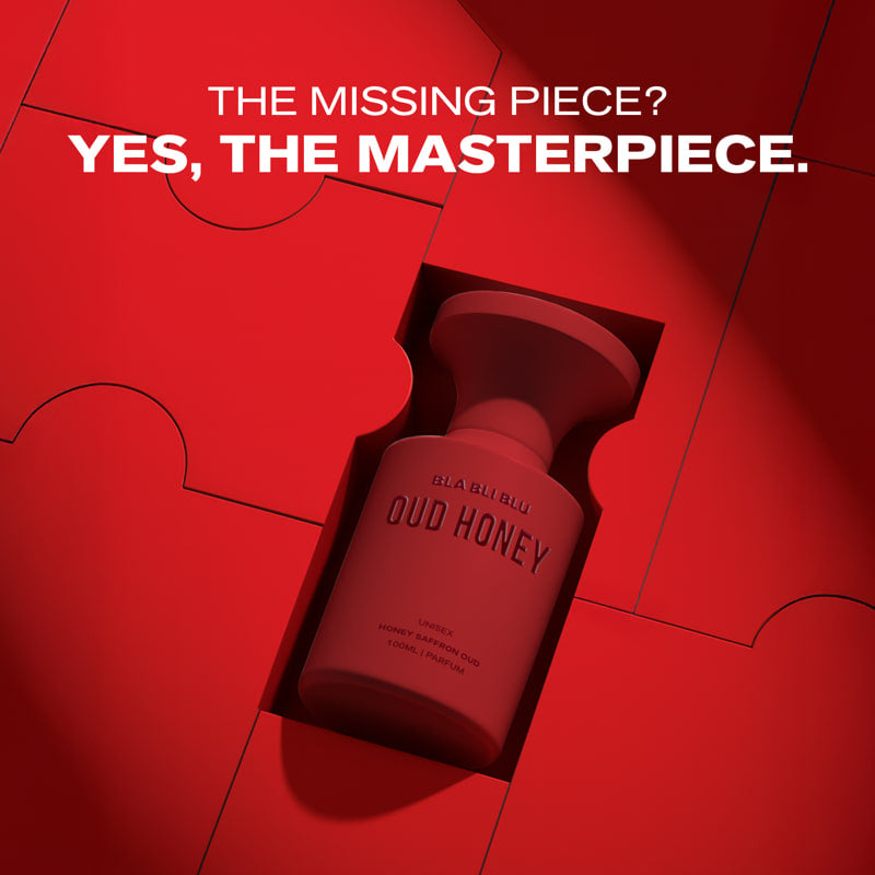 Red bottle labeled 'Oud Honey' in a puzzle piece against a red background with text.
