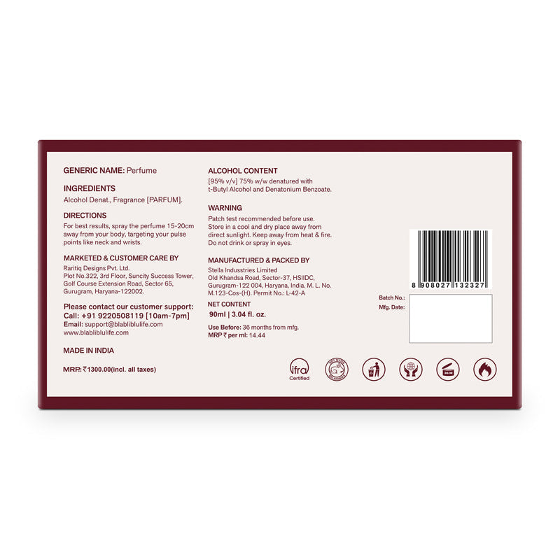 Back of a perfume packaging with text, ingredients, and branding details.