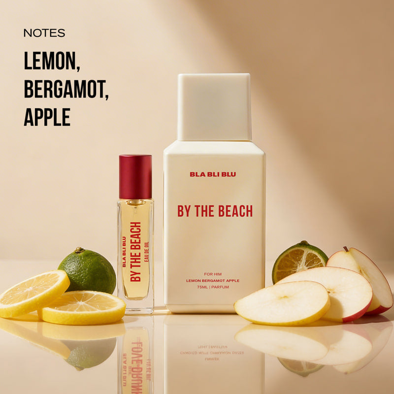 Perfume bottle labeled By the Beach  with lemon.