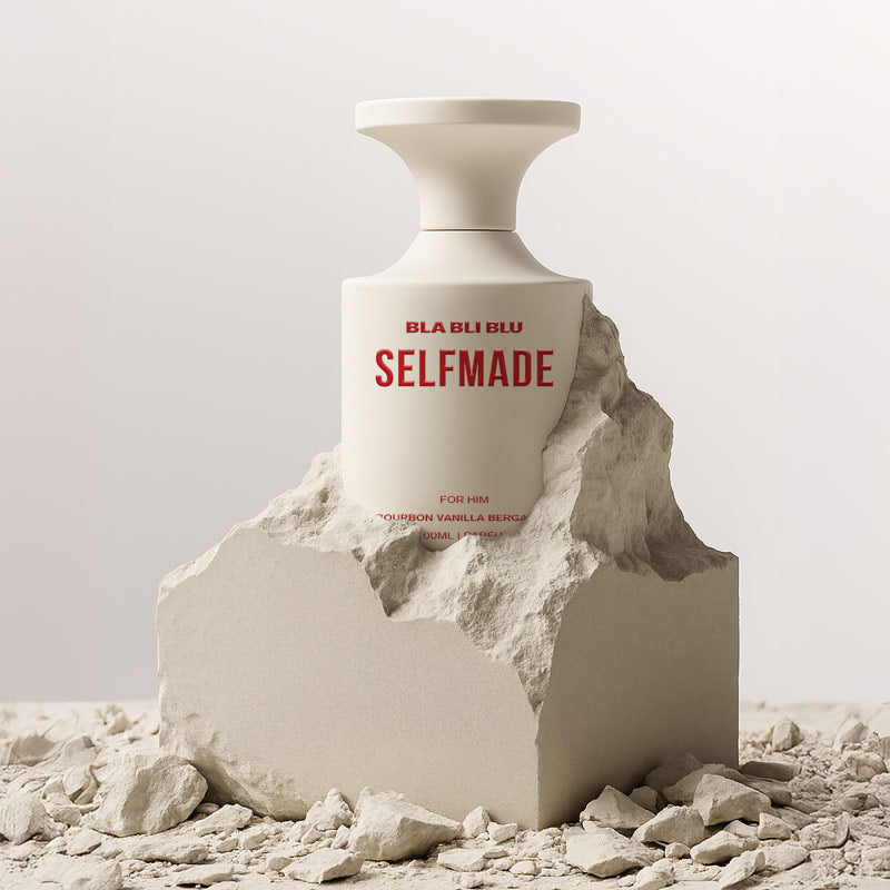 Selfmade perfume for men by Bla Bli Blu on a rugged stone pedestal.