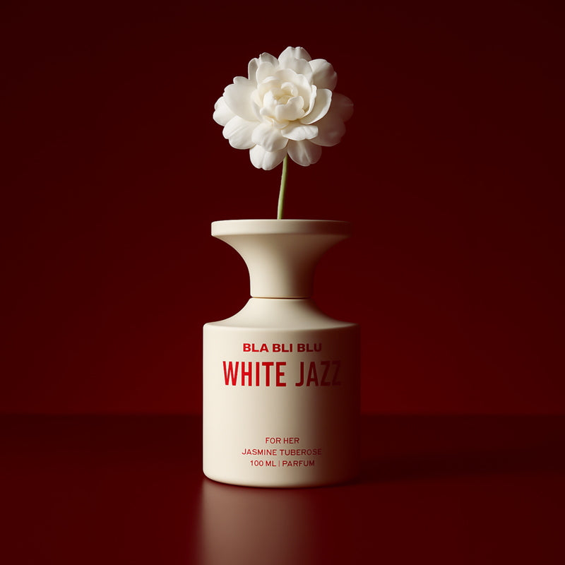 Perfume bottle labeled 'White Jazz' by BLA BLI BLU on a white background