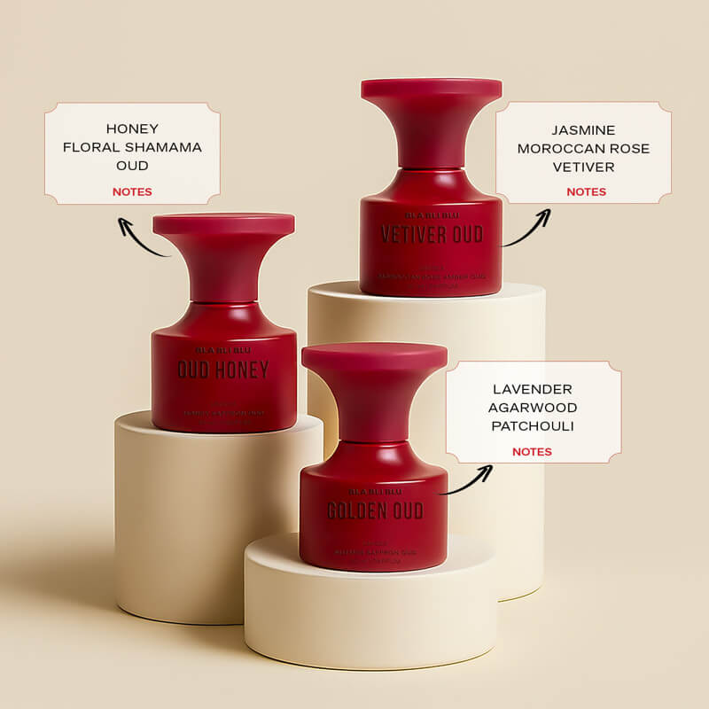 BLA BLI BLU oud gift set with three containers on a white background