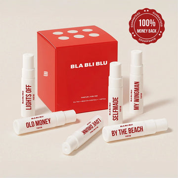 perfume trial pack with red box and various bottles on a beige background